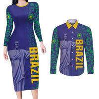 Custom Brazil Football Couples Matching Long Sleeve Bodycon Dress and Long Sleeve Button Shirt With Leopard Pattern