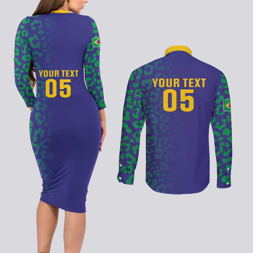 Custom Brazil Football Couples Matching Long Sleeve Bodycon Dress and Long Sleeve Button Shirt With Leopard Pattern