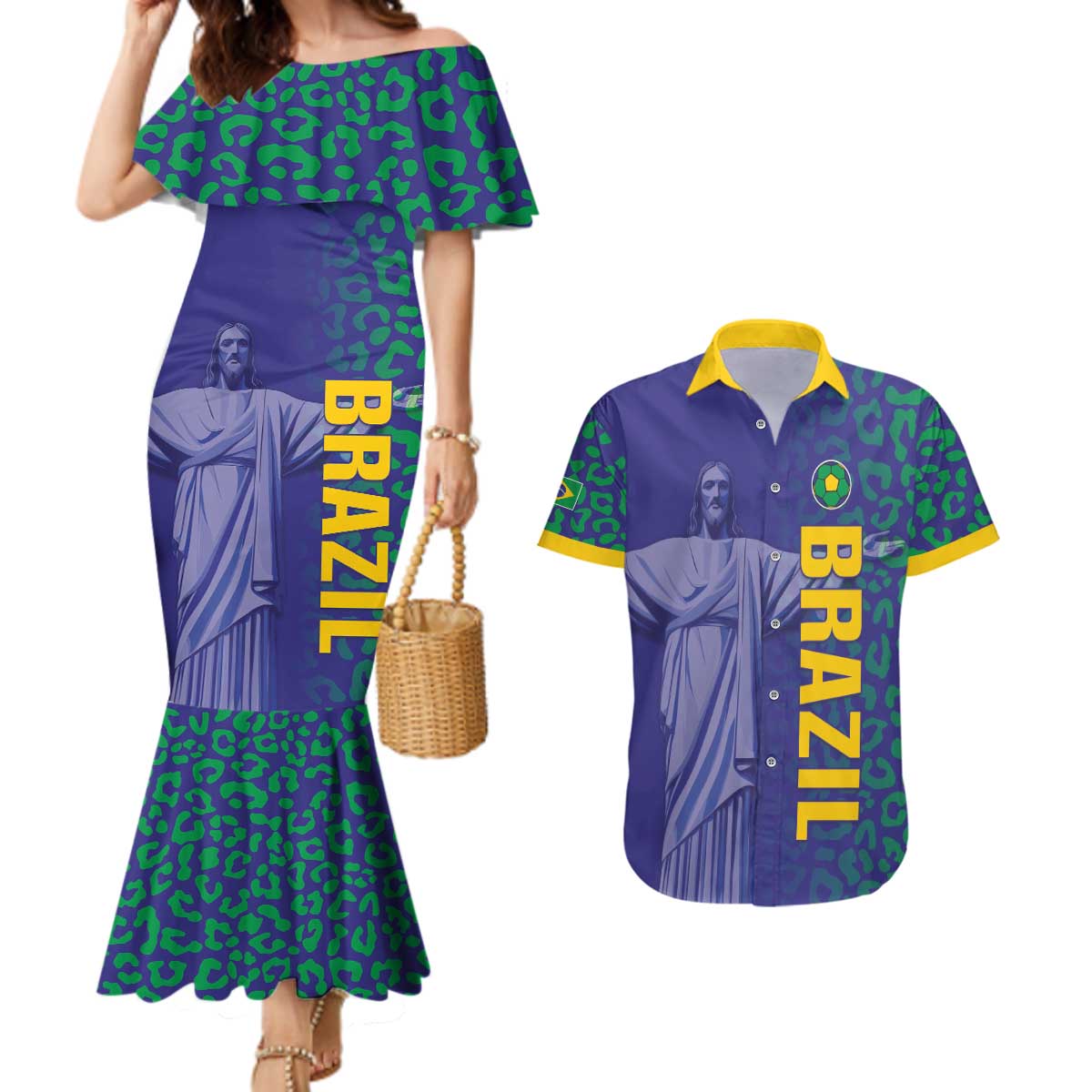 Custom Brazil Football Couples Matching Mermaid Dress and Hawaiian Shirt With Leopard Pattern