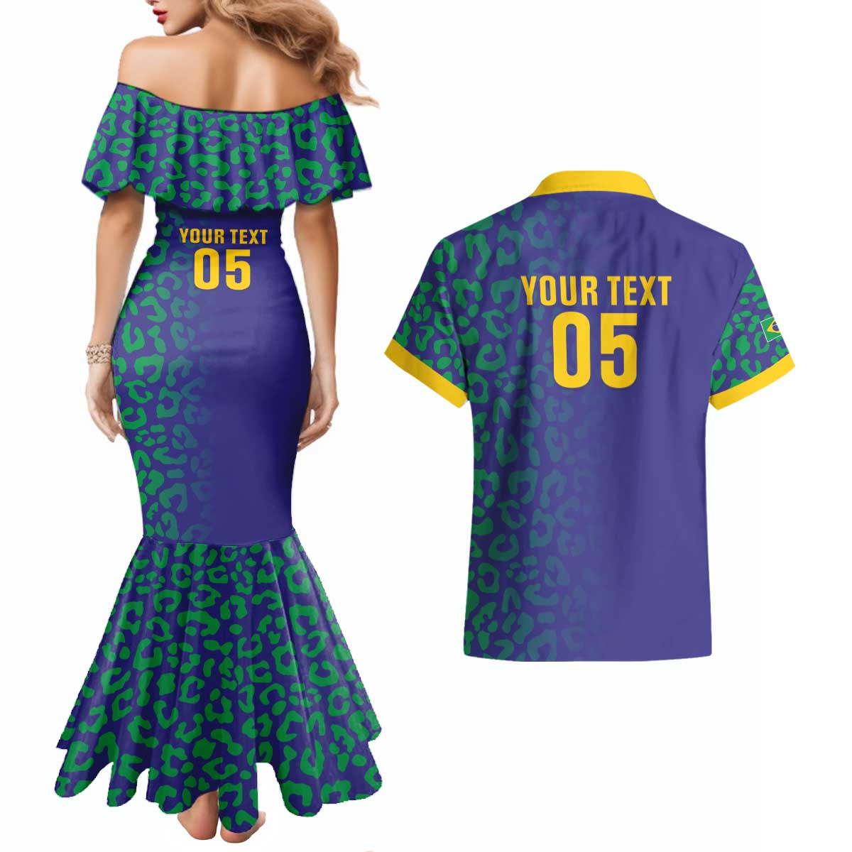Custom Brazil Football Couples Matching Mermaid Dress and Hawaiian Shirt With Leopard Pattern