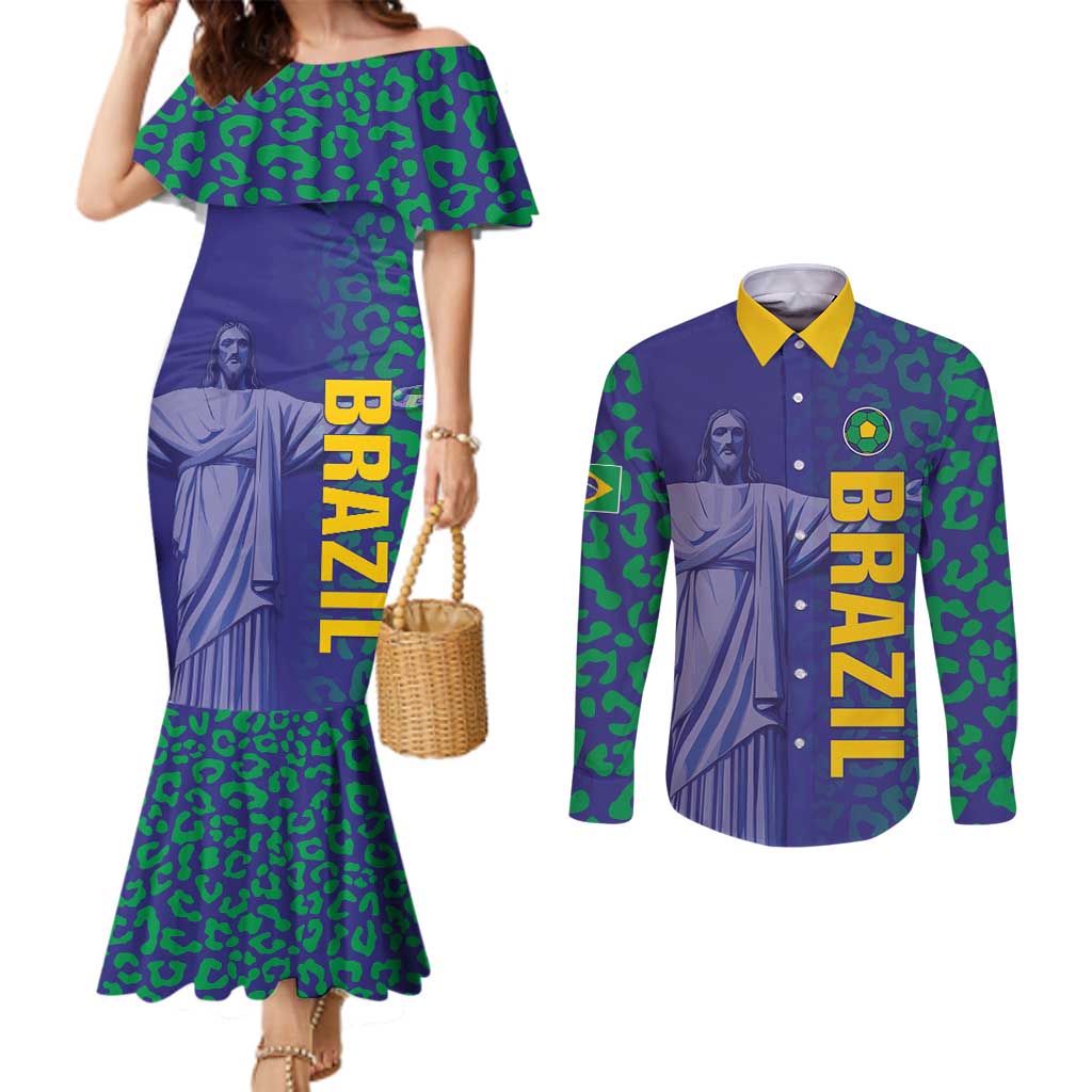 Custom Brazil Football Couples Matching Mermaid Dress and Long Sleeve Button Shirt With Leopard Pattern