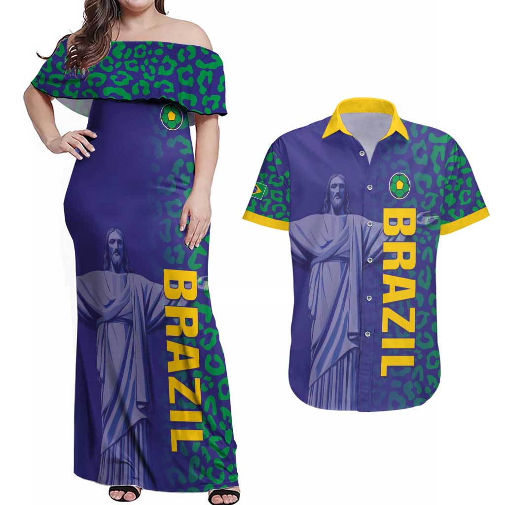 Custom Brazil Football Couples Matching Off Shoulder Maxi Dress and Hawaiian Shirt With Leopard Pattern