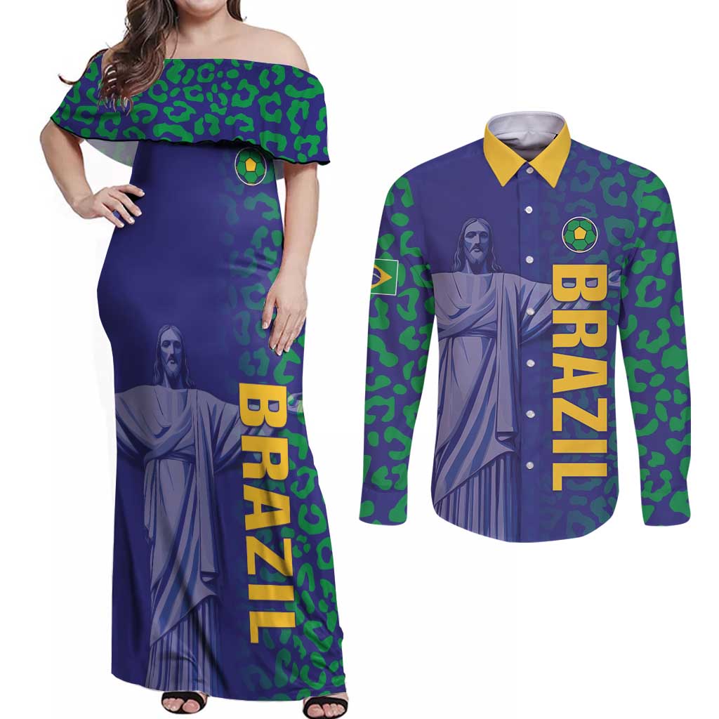 Custom Brazil Football Couples Matching Off Shoulder Maxi Dress and Long Sleeve Button Shirt With Leopard Pattern