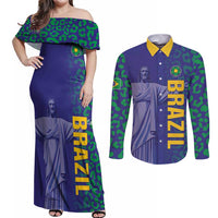 Custom Brazil Football Couples Matching Off Shoulder Maxi Dress and Long Sleeve Button Shirt With Leopard Pattern