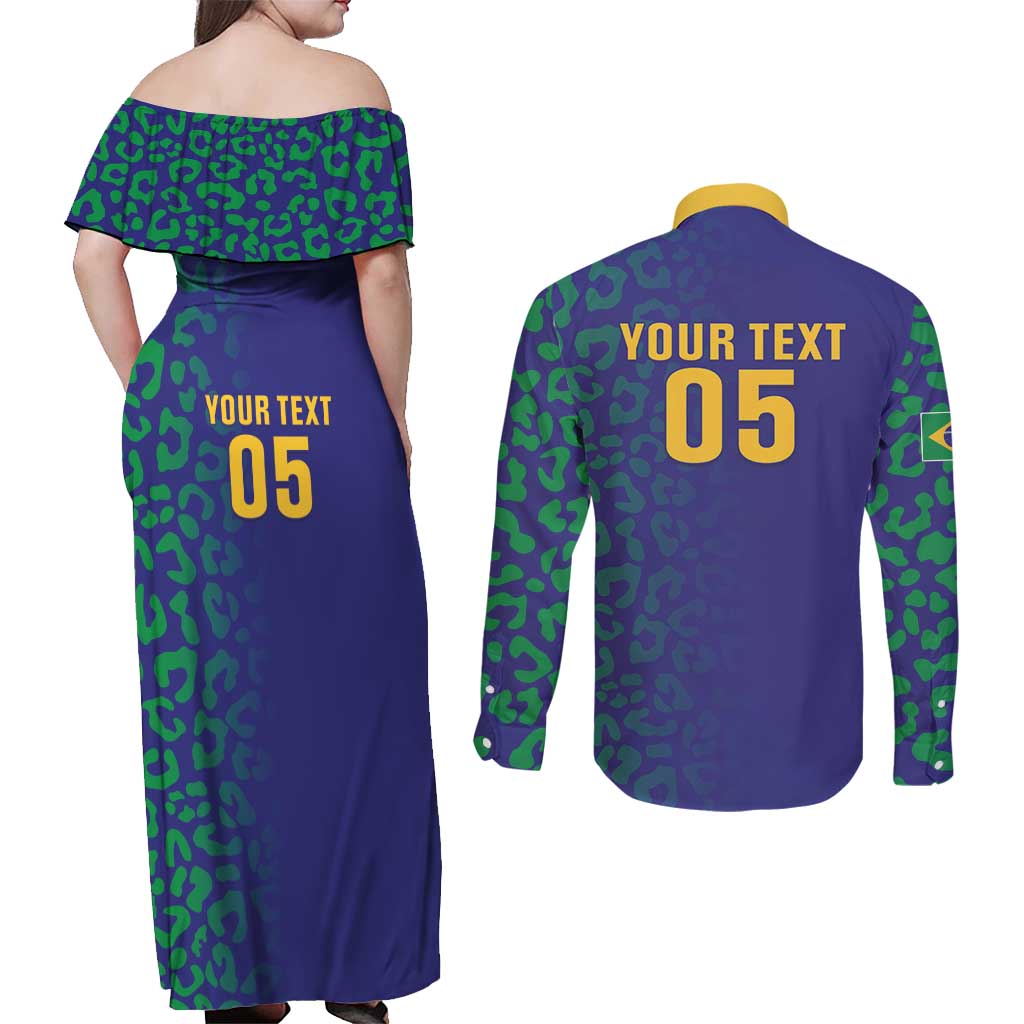 Custom Brazil Football Couples Matching Off Shoulder Maxi Dress and Long Sleeve Button Shirt With Leopard Pattern