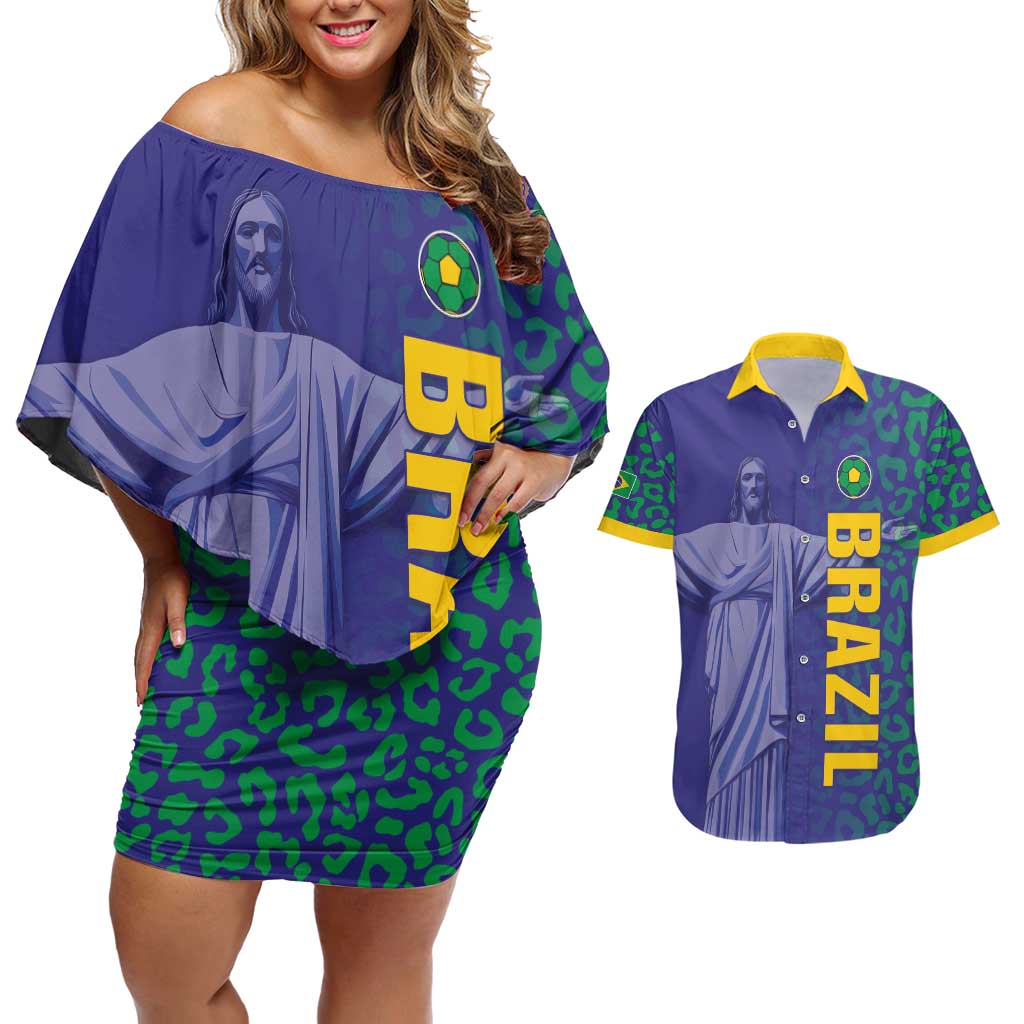 Custom Brazil Football Couples Matching Off Shoulder Short Dress and Hawaiian Shirt With Leopard Pattern