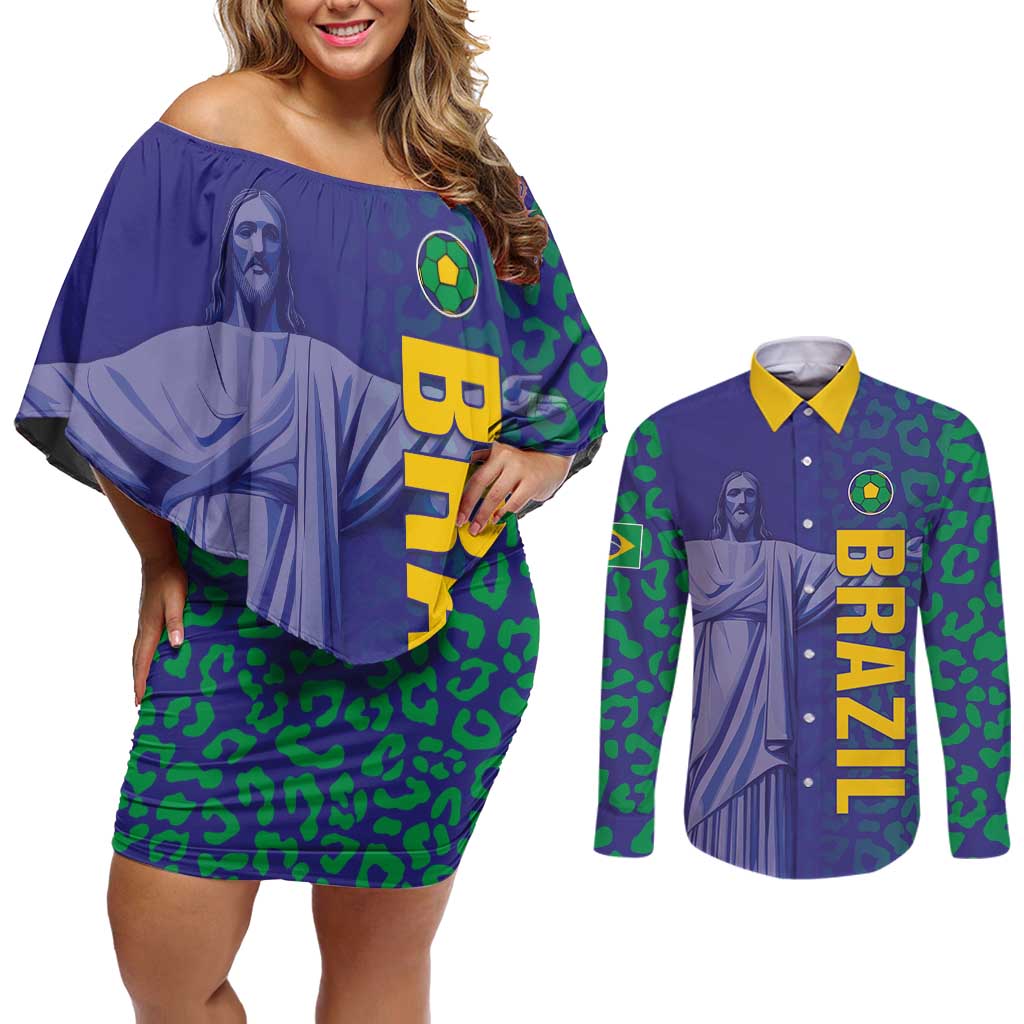 Custom Brazil Football Couples Matching Off Shoulder Short Dress and Long Sleeve Button Shirt With Leopard Pattern
