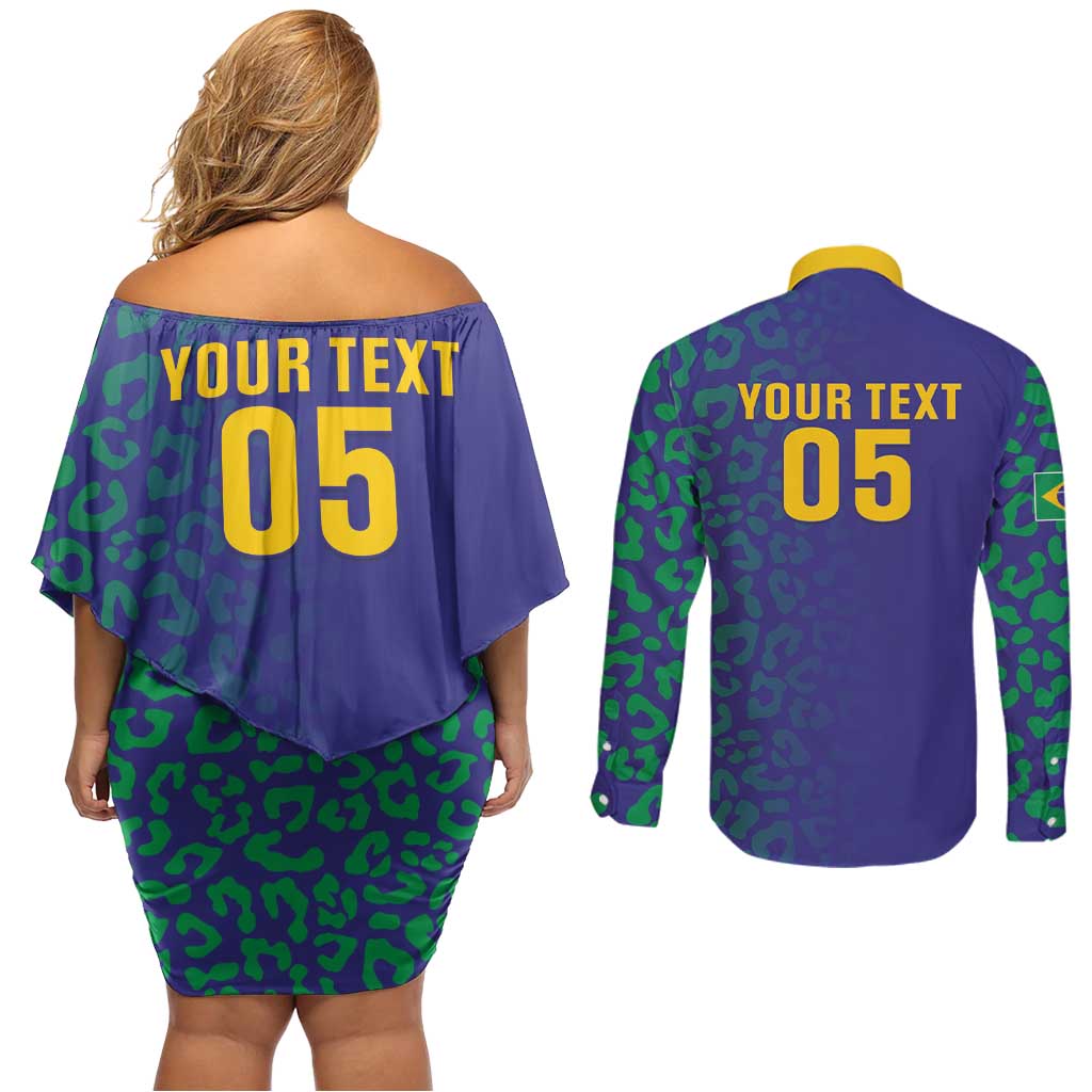 Custom Brazil Football Couples Matching Off Shoulder Short Dress and Long Sleeve Button Shirt With Leopard Pattern