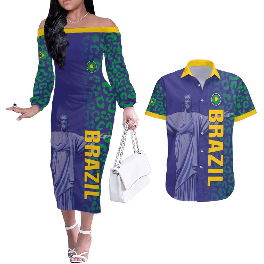 Custom Brazil Football Couples Matching Off The Shoulder Long Sleeve Dress and Hawaiian Shirt With Leopard Pattern