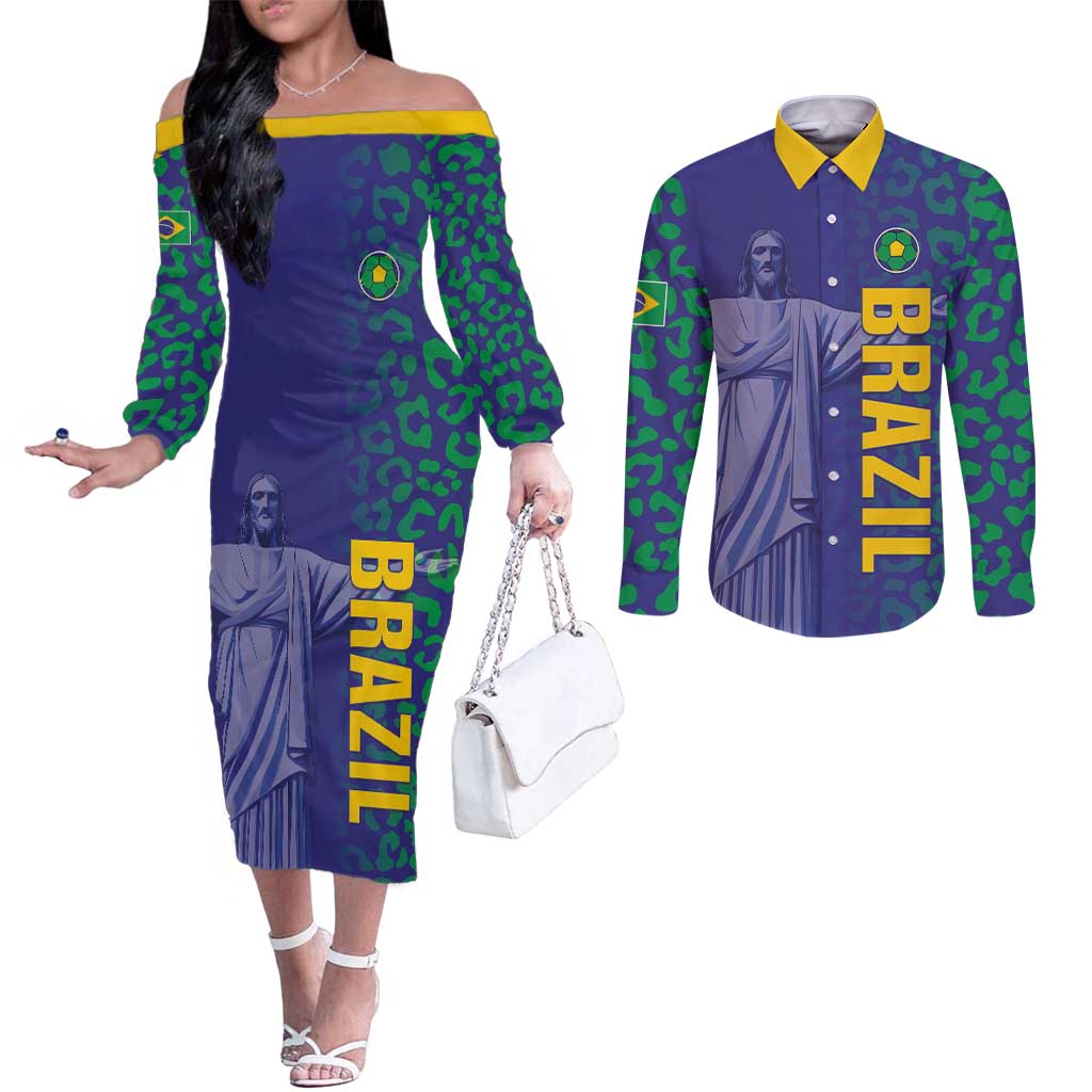 Custom Brazil Football Couples Matching Off The Shoulder Long Sleeve Dress and Long Sleeve Button Shirt With Leopard Pattern