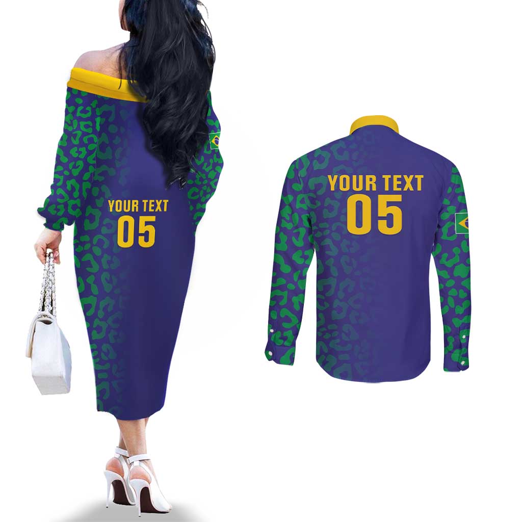 Custom Brazil Football Couples Matching Off The Shoulder Long Sleeve Dress and Long Sleeve Button Shirt With Leopard Pattern