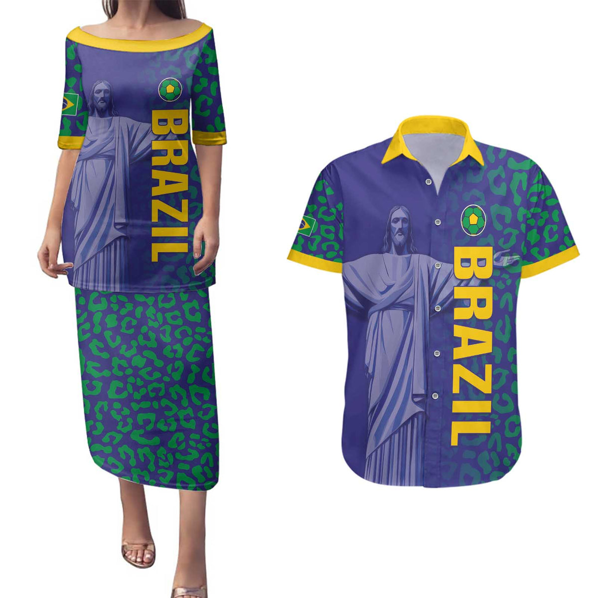 Custom Brazil Football Couples Matching Puletasi and Hawaiian Shirt With Leopard Pattern