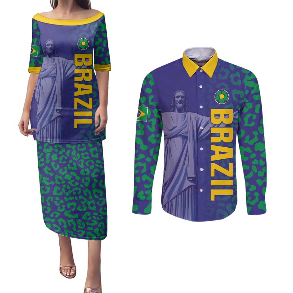 Custom Brazil Football Couples Matching Puletasi and Long Sleeve Button Shirt With Leopard Pattern