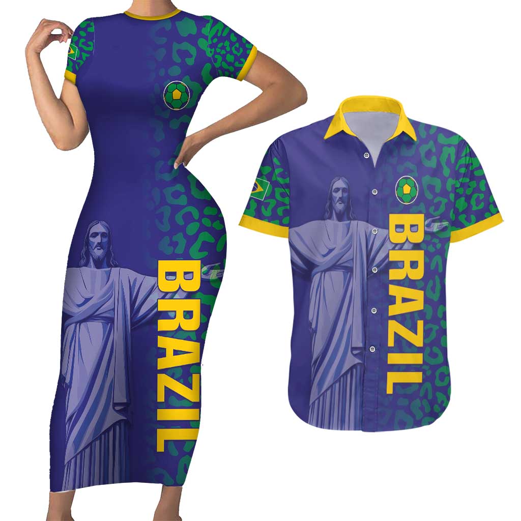 Custom Brazil Football Couples Matching Short Sleeve Bodycon Dress and Hawaiian Shirt With Leopard Pattern