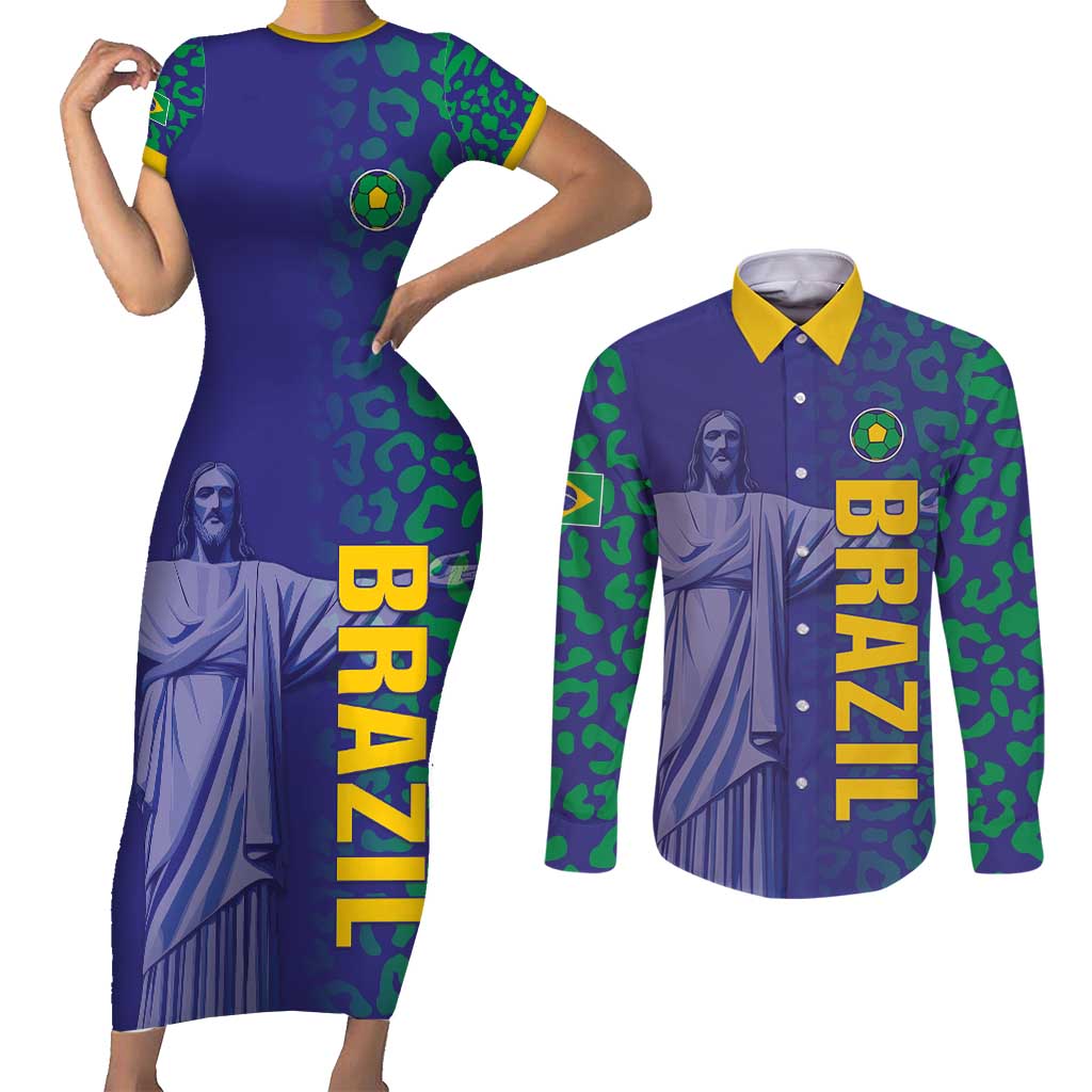 Custom Brazil Football Couples Matching Short Sleeve Bodycon Dress and Long Sleeve Button Shirt With Leopard Pattern