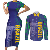 Custom Brazil Football Couples Matching Short Sleeve Bodycon Dress and Long Sleeve Button Shirt With Leopard Pattern