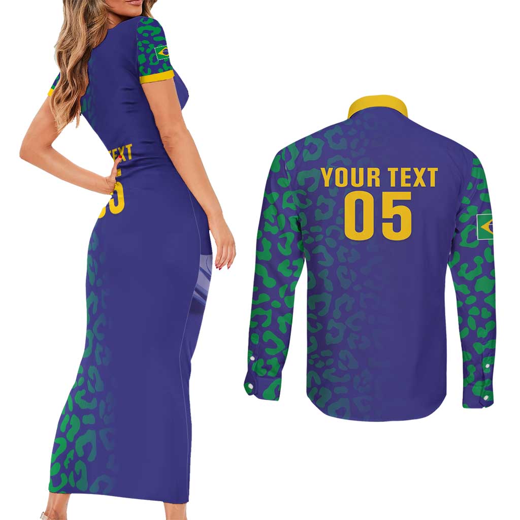 Custom Brazil Football Couples Matching Short Sleeve Bodycon Dress and Long Sleeve Button Shirt With Leopard Pattern