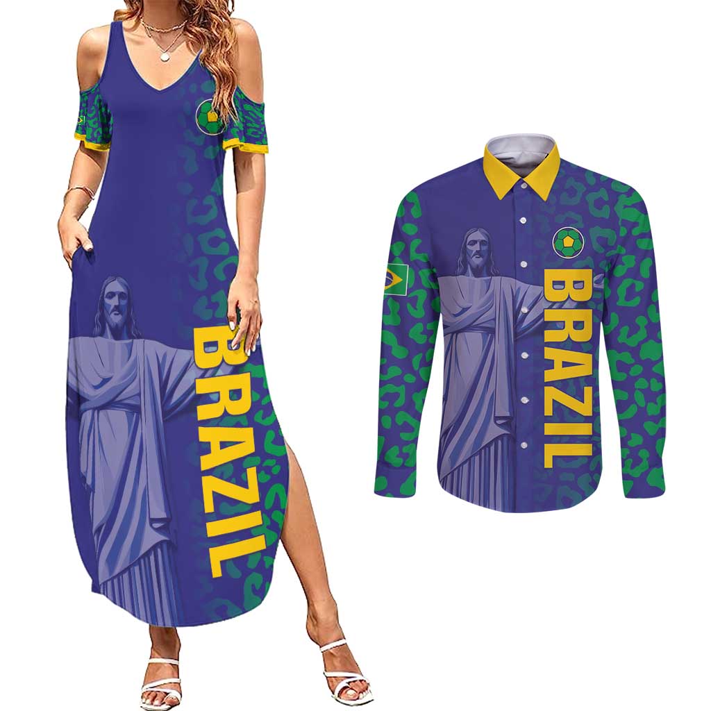 Custom Brazil Football Couples Matching Summer Maxi Dress and Long Sleeve Button Shirt With Leopard Pattern