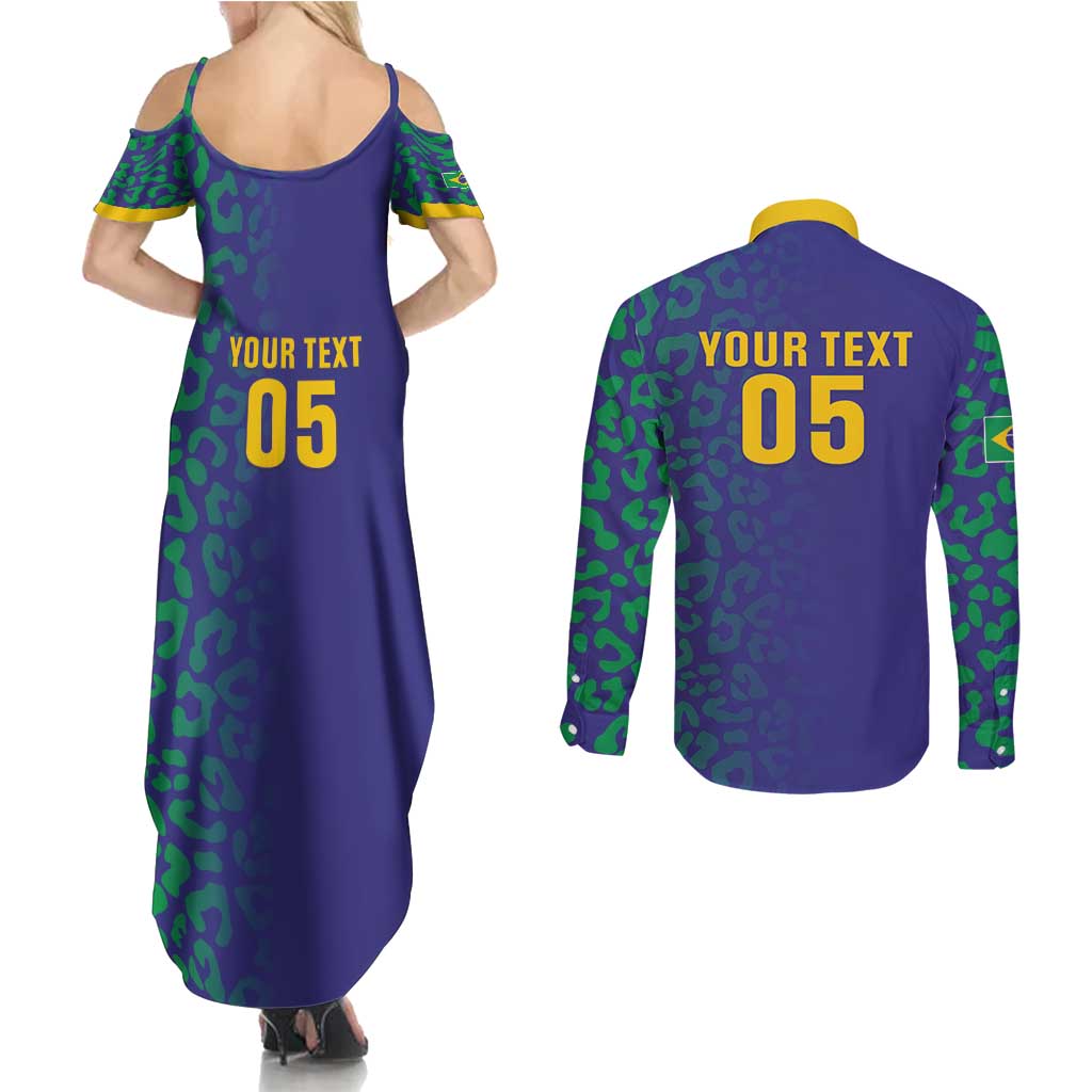 Custom Brazil Football Couples Matching Summer Maxi Dress and Long Sleeve Button Shirt With Leopard Pattern