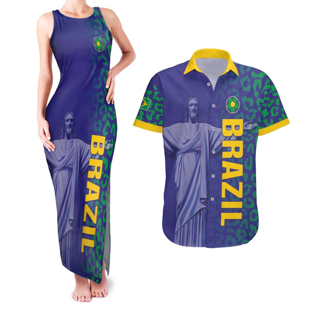 Custom Brazil Football Couples Matching Tank Maxi Dress and Hawaiian Shirt With Leopard Pattern