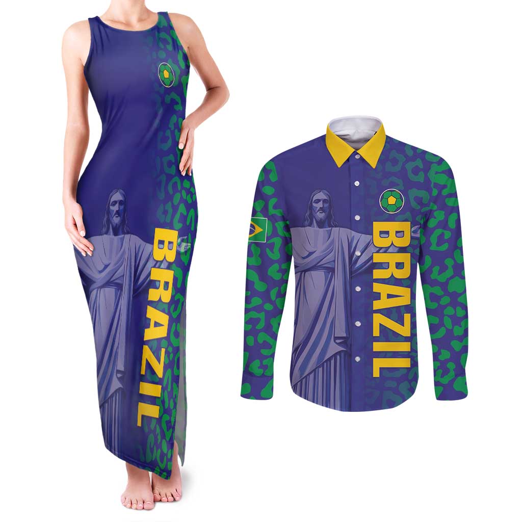 Custom Brazil Football Couples Matching Tank Maxi Dress and Long Sleeve Button Shirt With Leopard Pattern