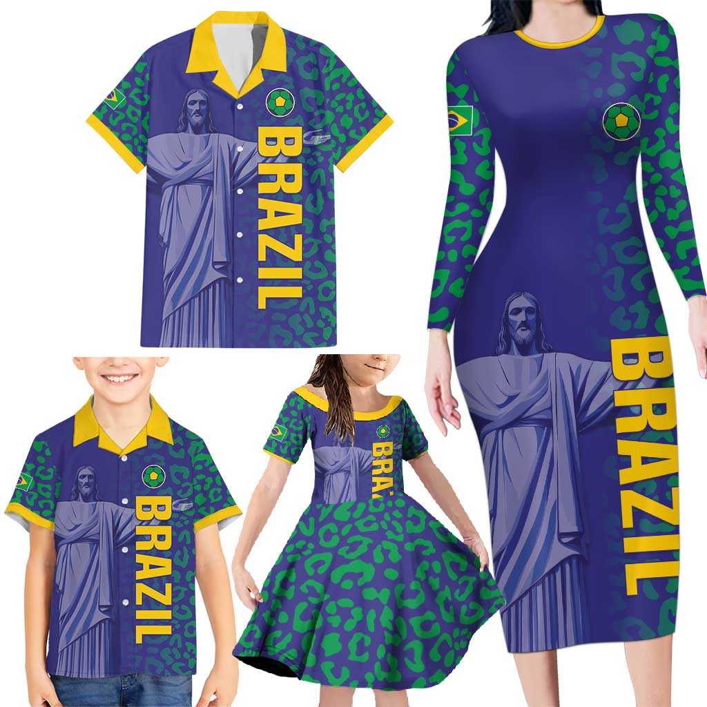 Custom Brazil Football Family Matching Long Sleeve Bodycon Dress and Hawaiian Shirt With Leopard Pattern