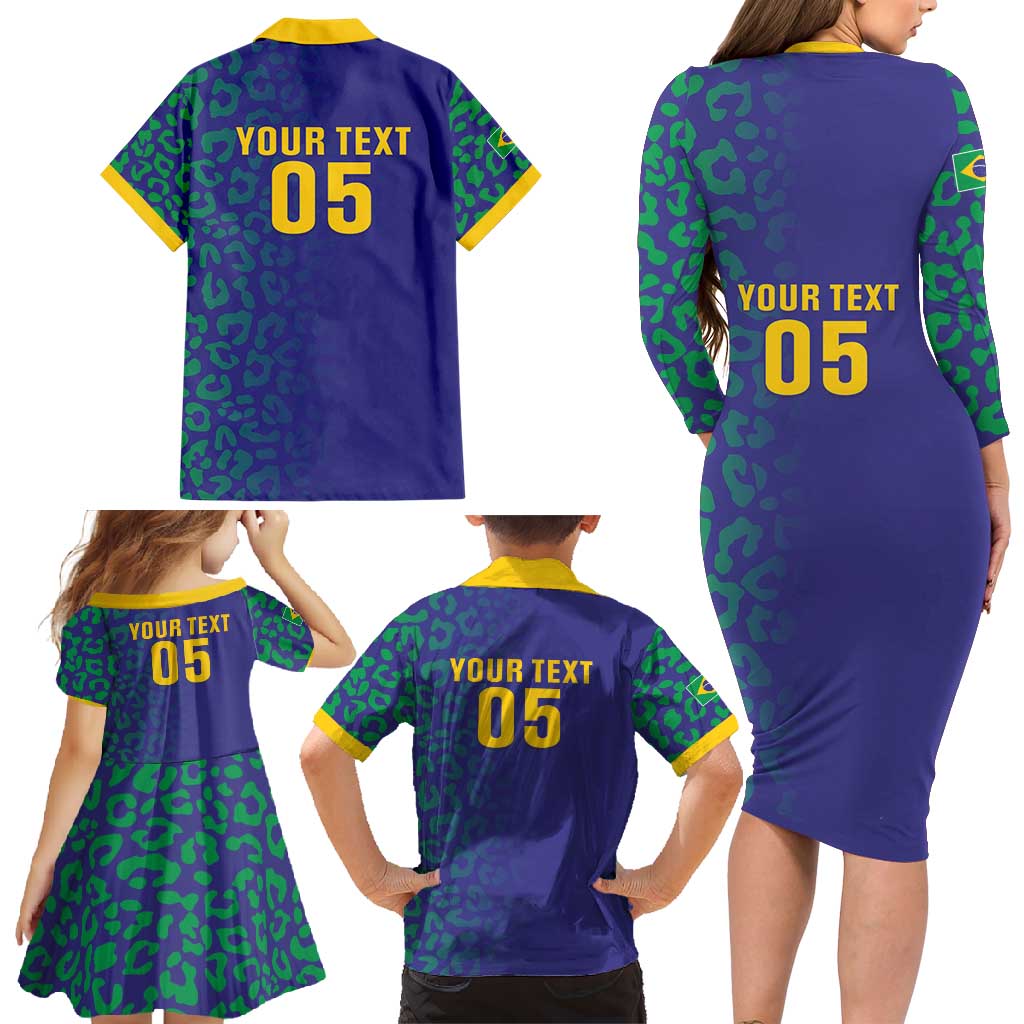 Custom Brazil Football Family Matching Long Sleeve Bodycon Dress and Hawaiian Shirt With Leopard Pattern