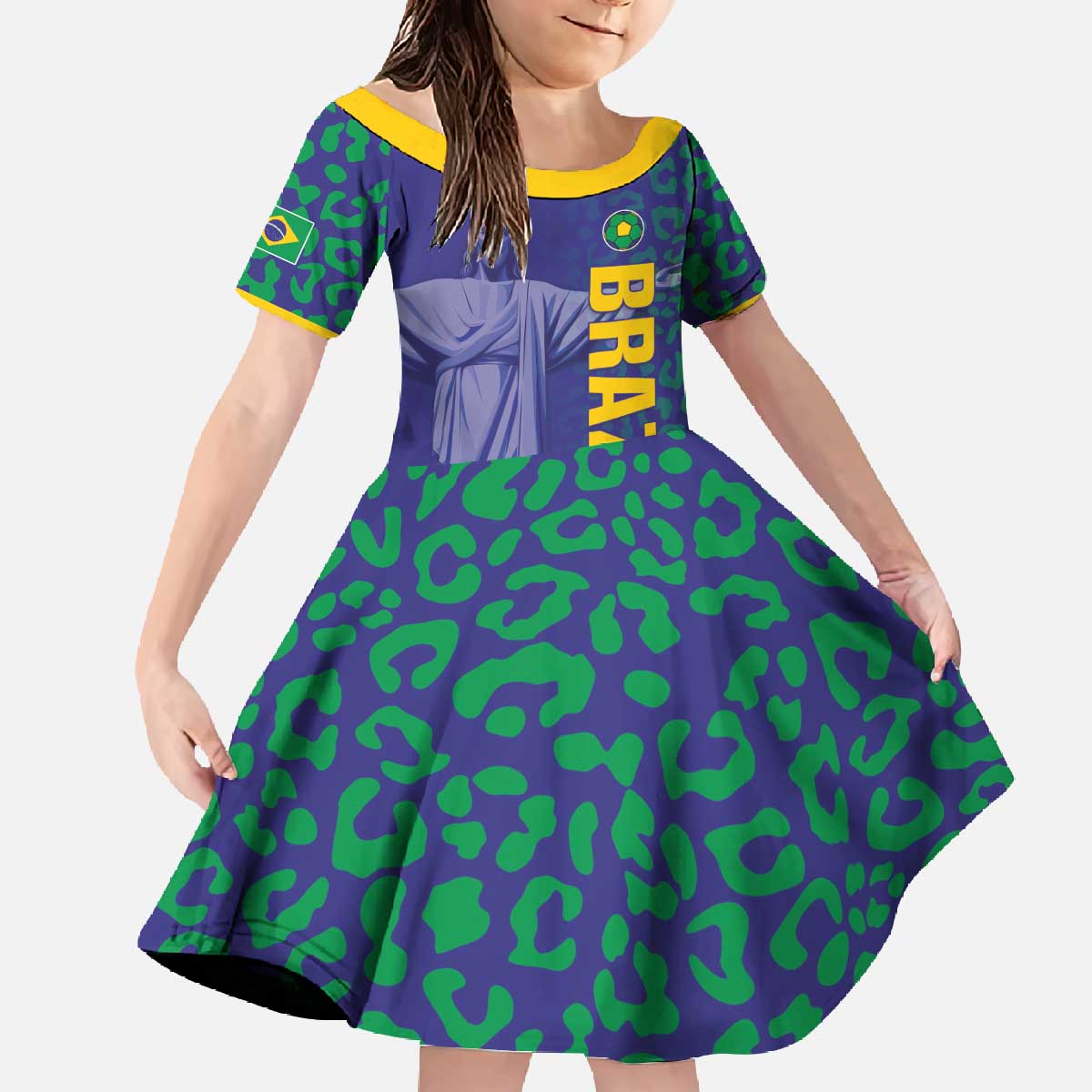 Custom Brazil Football Family Matching Off The Shoulder Long Sleeve Dress and Hawaiian Shirt With Leopard Pattern