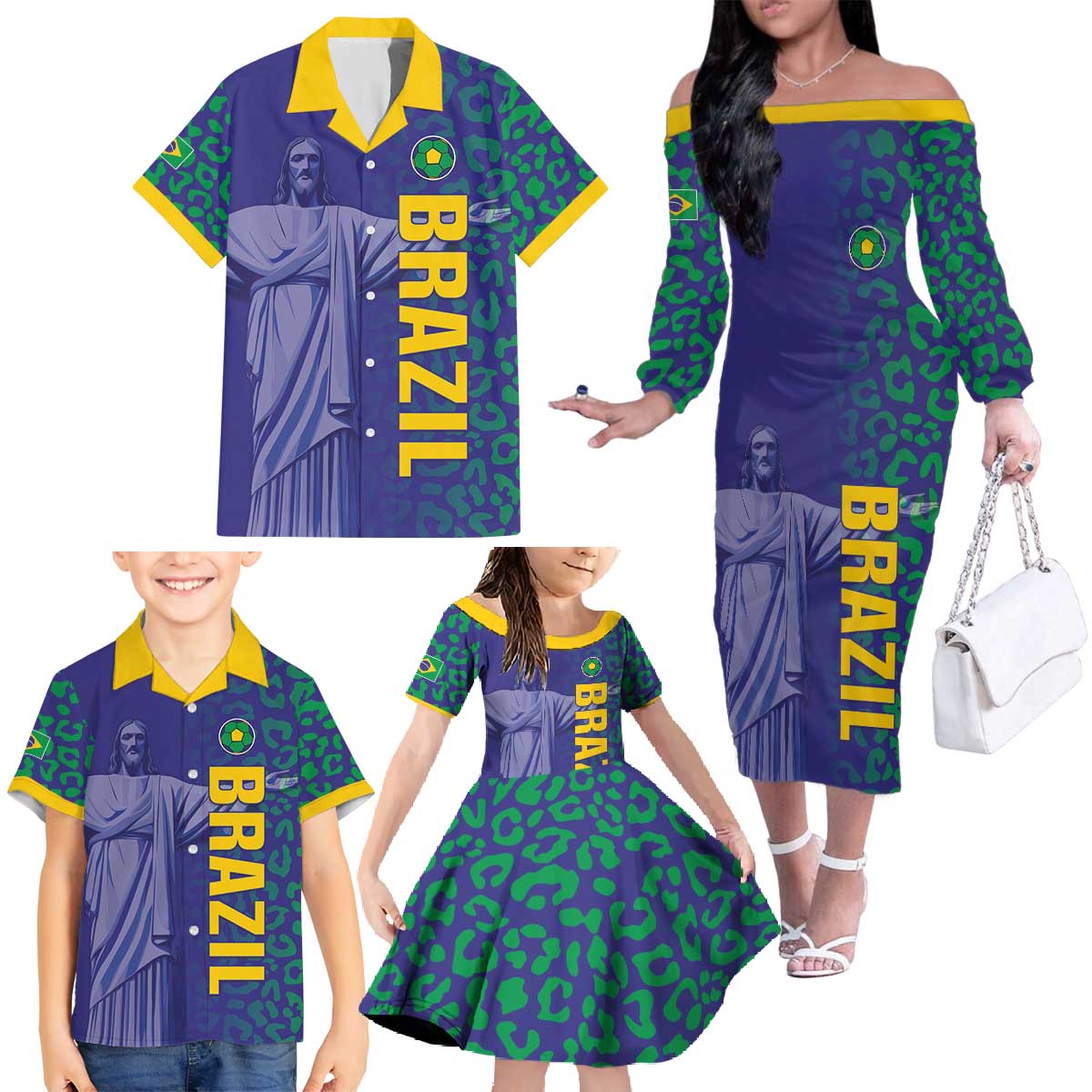 Custom Brazil Football Family Matching Off The Shoulder Long Sleeve Dress and Hawaiian Shirt With Leopard Pattern