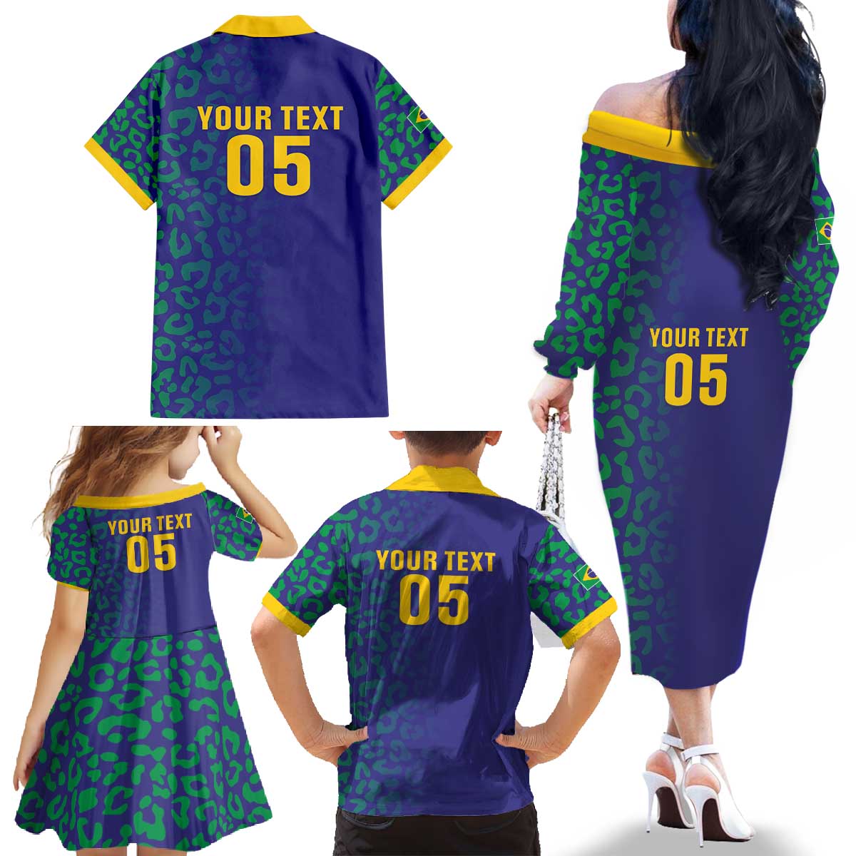Custom Brazil Football Family Matching Off The Shoulder Long Sleeve Dress and Hawaiian Shirt With Leopard Pattern