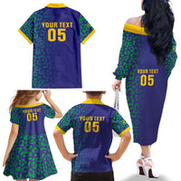 Custom Brazil Football Family Matching Off The Shoulder Long Sleeve Dress and Hawaiian Shirt With Leopard Pattern