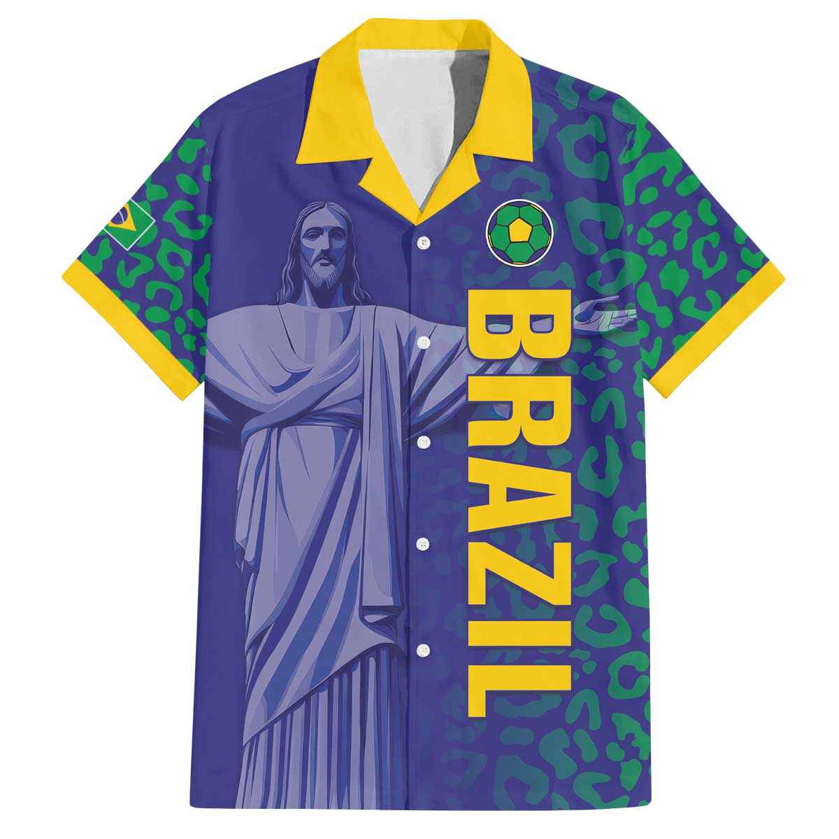 Custom Brazil Football Family Matching Off The Shoulder Long Sleeve Dress and Hawaiian Shirt With Leopard Pattern