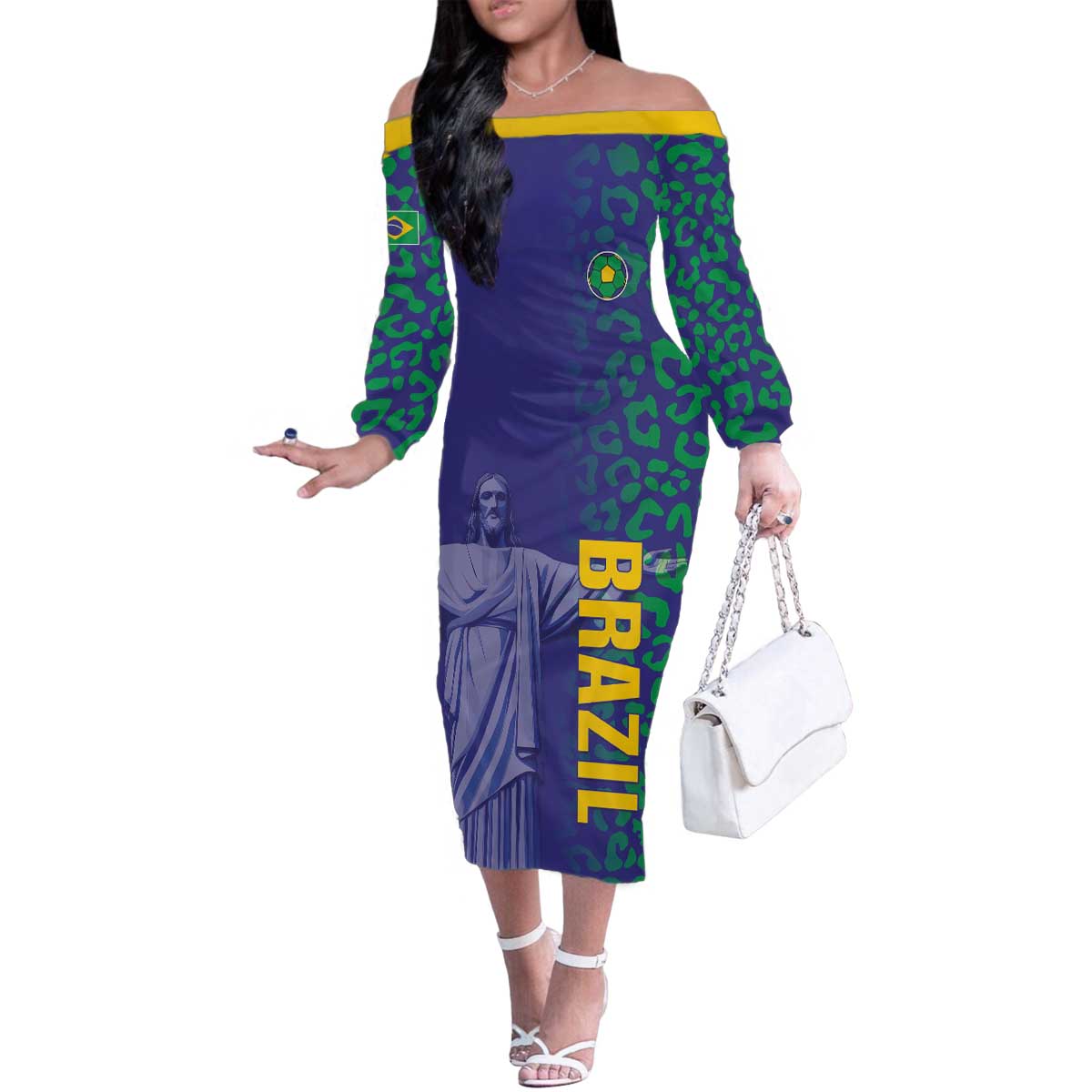 Custom Brazil Football Family Matching Off The Shoulder Long Sleeve Dress and Hawaiian Shirt With Leopard Pattern