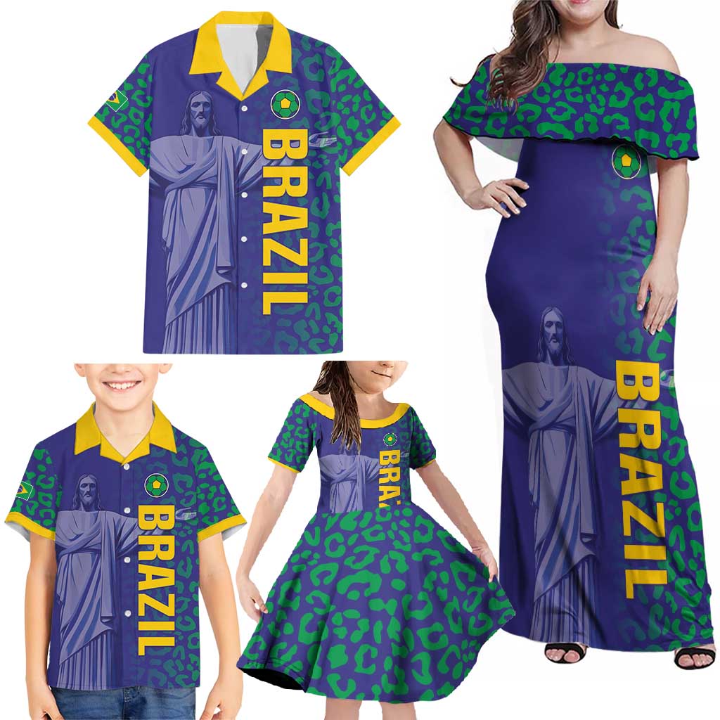Custom Brazil Football Family Matching Off Shoulder Maxi Dress and Hawaiian Shirt With Leopard Pattern