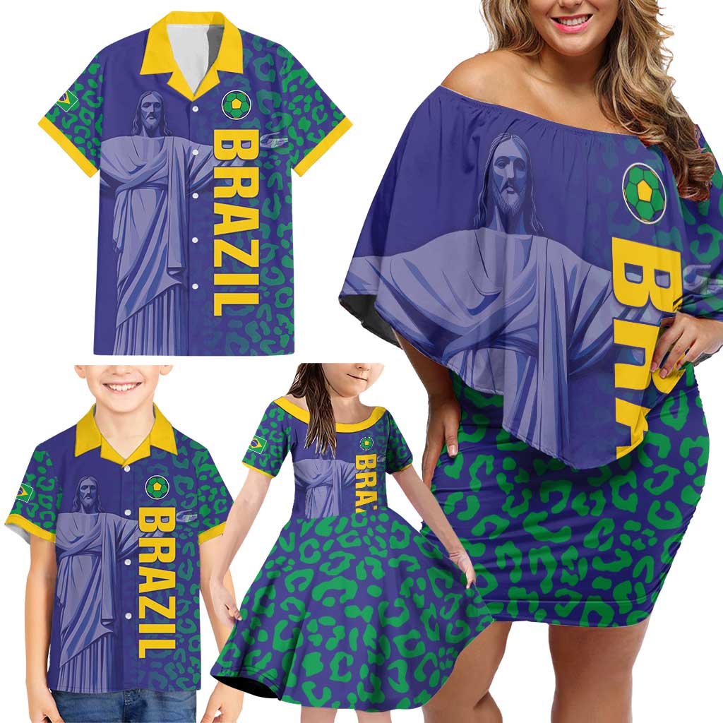 Custom Brazil Football Family Matching Off Shoulder Short Dress and Hawaiian Shirt With Leopard Pattern