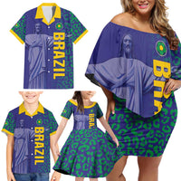Custom Brazil Football Family Matching Off Shoulder Short Dress and Hawaiian Shirt With Leopard Pattern