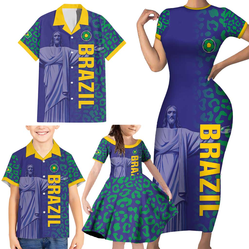 Custom Brazil Football Family Matching Short Sleeve Bodycon Dress and Hawaiian Shirt With Leopard Pattern