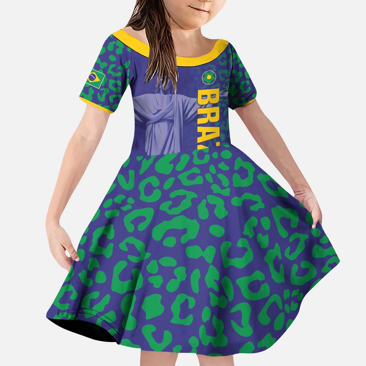 Custom Brazil Football Kid Short Sleeve Dress With Leopard Pattern
