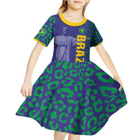 Custom Brazil Football Kid Short Sleeve Dress With Leopard Pattern