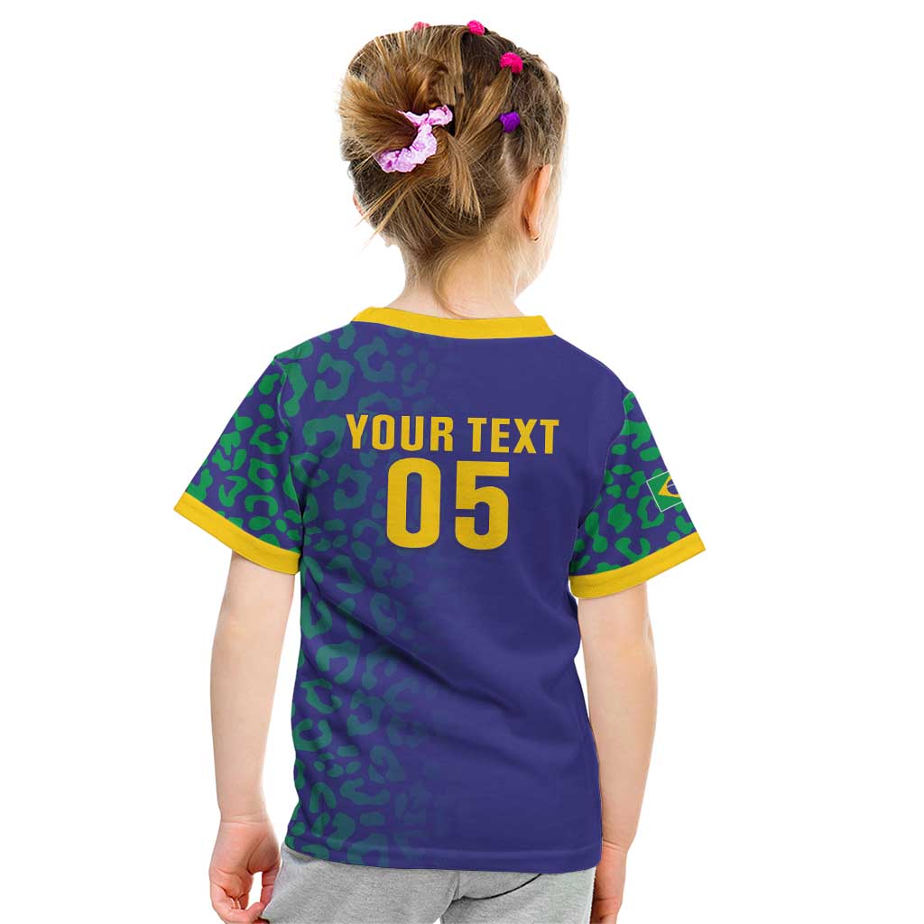 Custom Brazil Football Kid T Shirt With Leopard Pattern