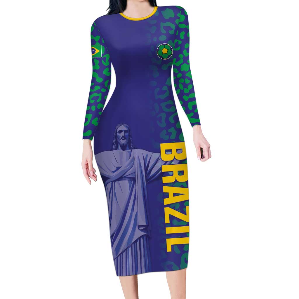Custom Brazil Football Long Sleeve Bodycon Dress With Leopard Pattern
