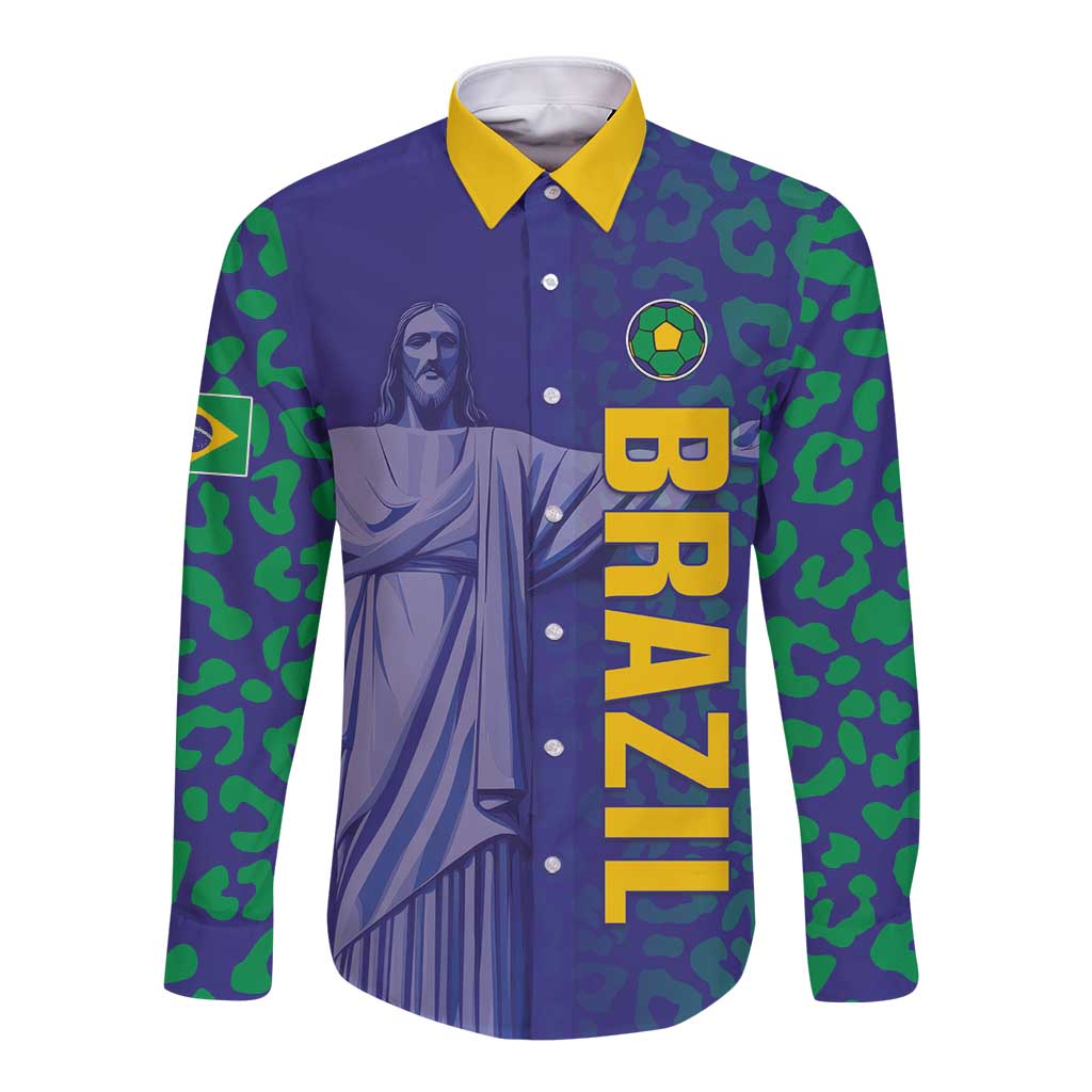Custom Brazil Football Long Sleeve Button Shirt With Leopard Pattern