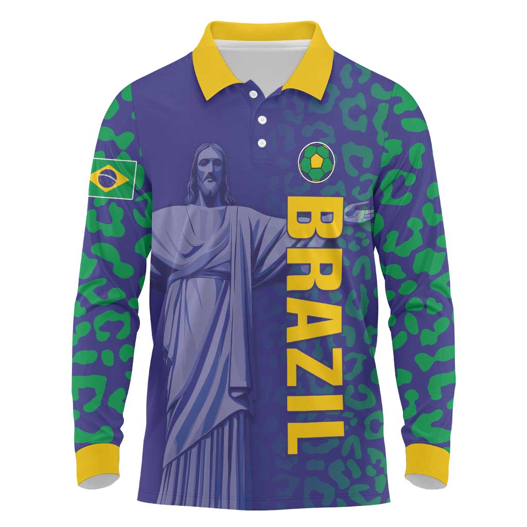 Custom Brazil Football Long Sleeve Polo Shirt With Leopard Pattern