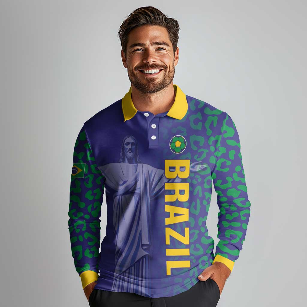 Custom Brazil Football Long Sleeve Polo Shirt With Leopard Pattern
