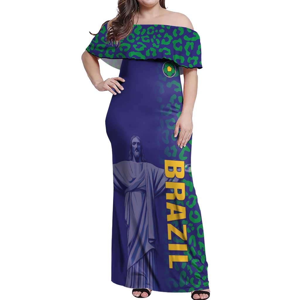 Custom Brazil Football Off Shoulder Maxi Dress With Leopard Pattern
