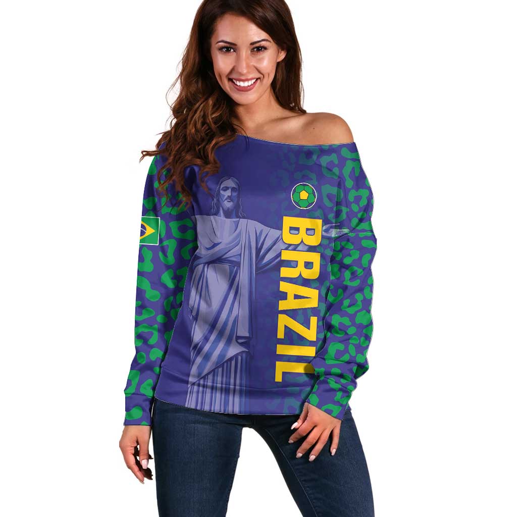 Custom Brazil Football Off Shoulder Sweater With Leopard Pattern