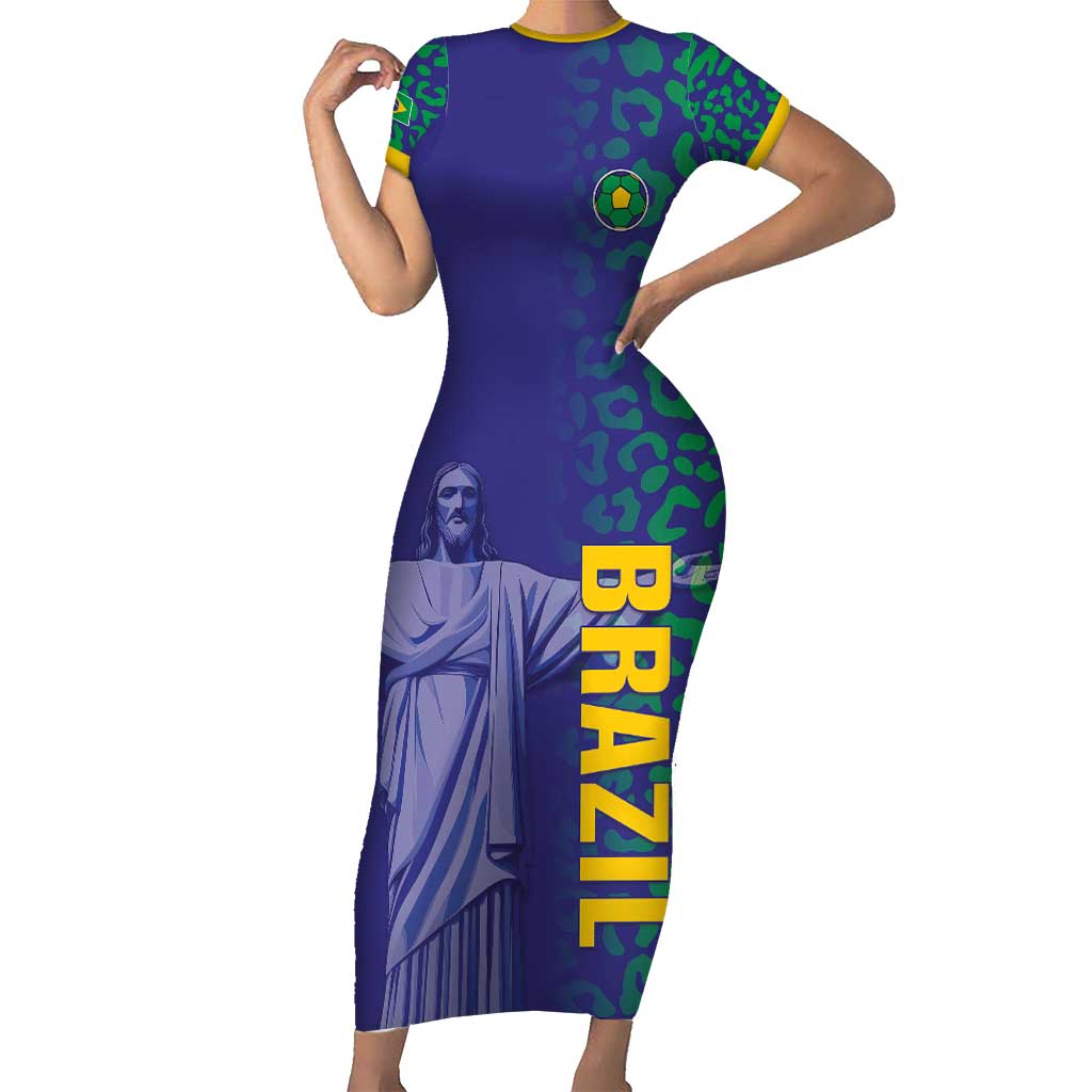 Custom Brazil Football Short Sleeve Bodycon Dress With Leopard Pattern
