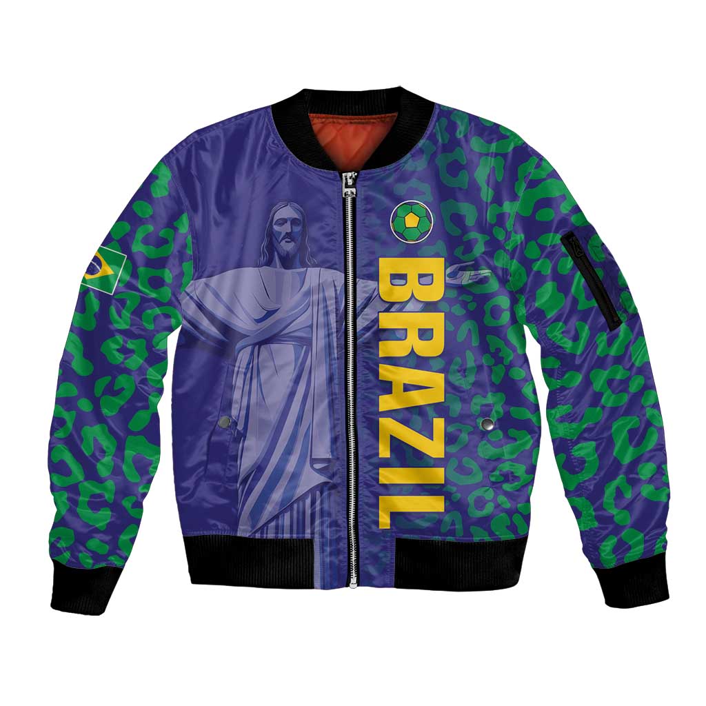 Custom Brazil Football Sleeve Zip Bomber Jacket With Leopard Pattern