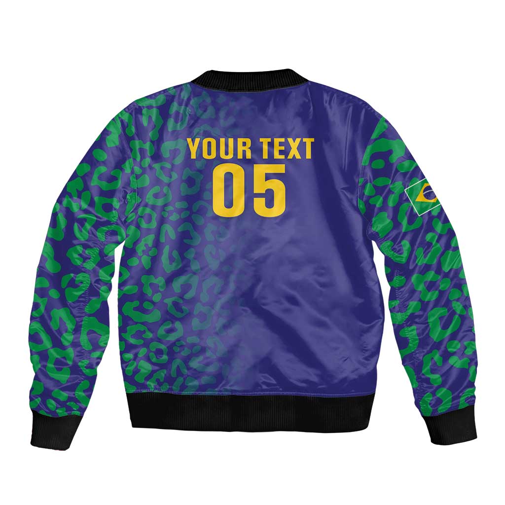 Custom Brazil Football Sleeve Zip Bomber Jacket With Leopard Pattern