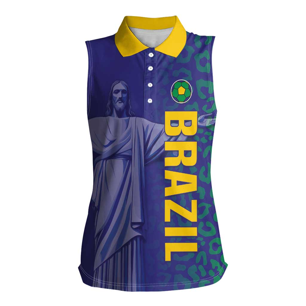 Custom Brazil Football Women Sleeveless Polo Shirt With Leopard Pattern